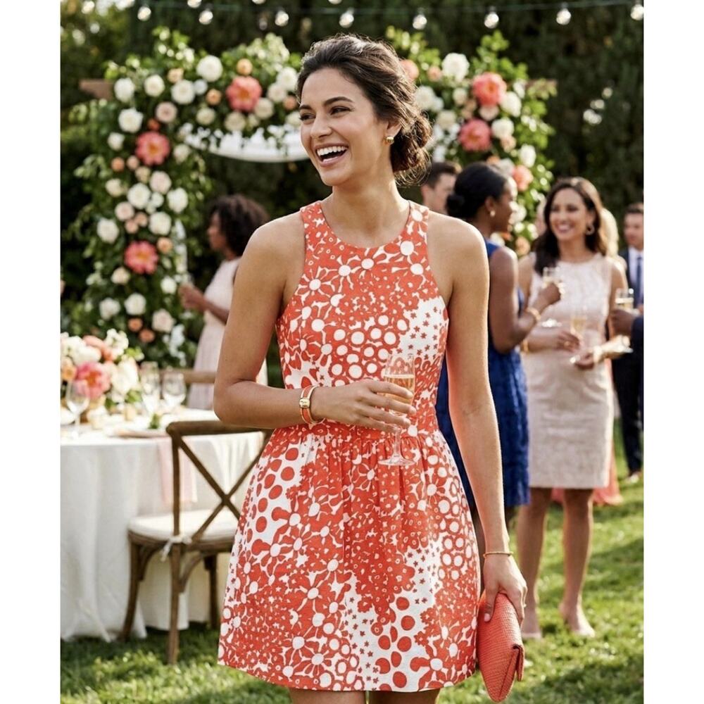 Trina Turk Floral Fit Flare Orange White Cutout Back Jacquard Sleeveless 8 NWT